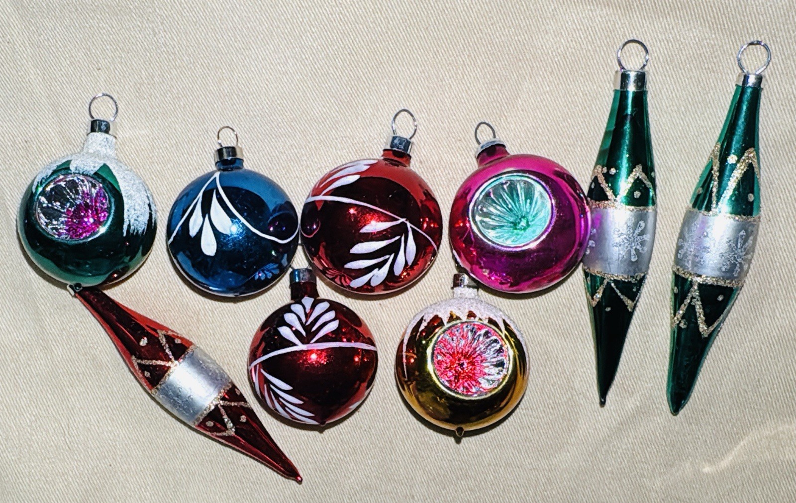 Vintage Lot 9 Glass Hand Painted Indent Icicle Mini Christmas Ornaments