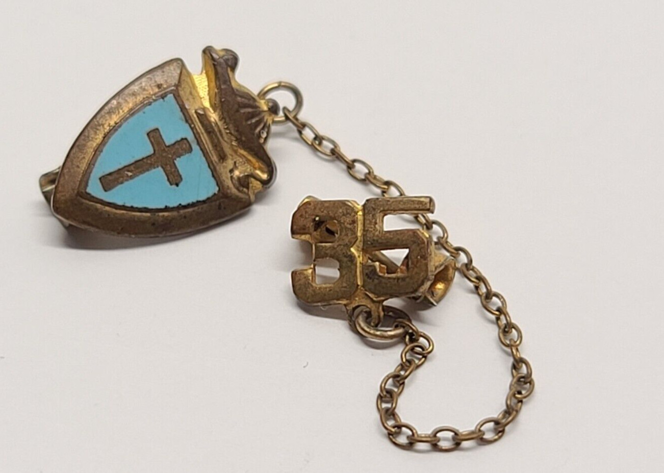 Vintage Antique Gold Pin Lapel Brooch Cross Religious Catholic Enamel Shield 35