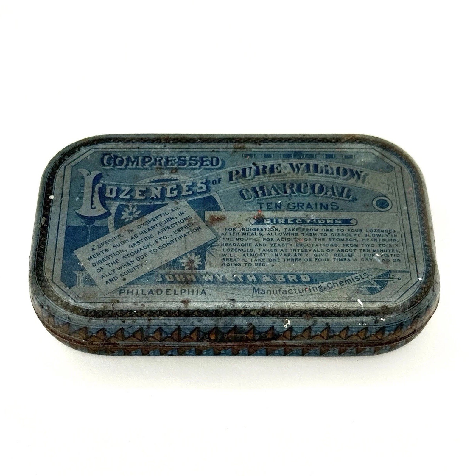 Antique 1901 John Wyeth Willow Charcoal Lozenges Tin Rare Vintage Philadelphia