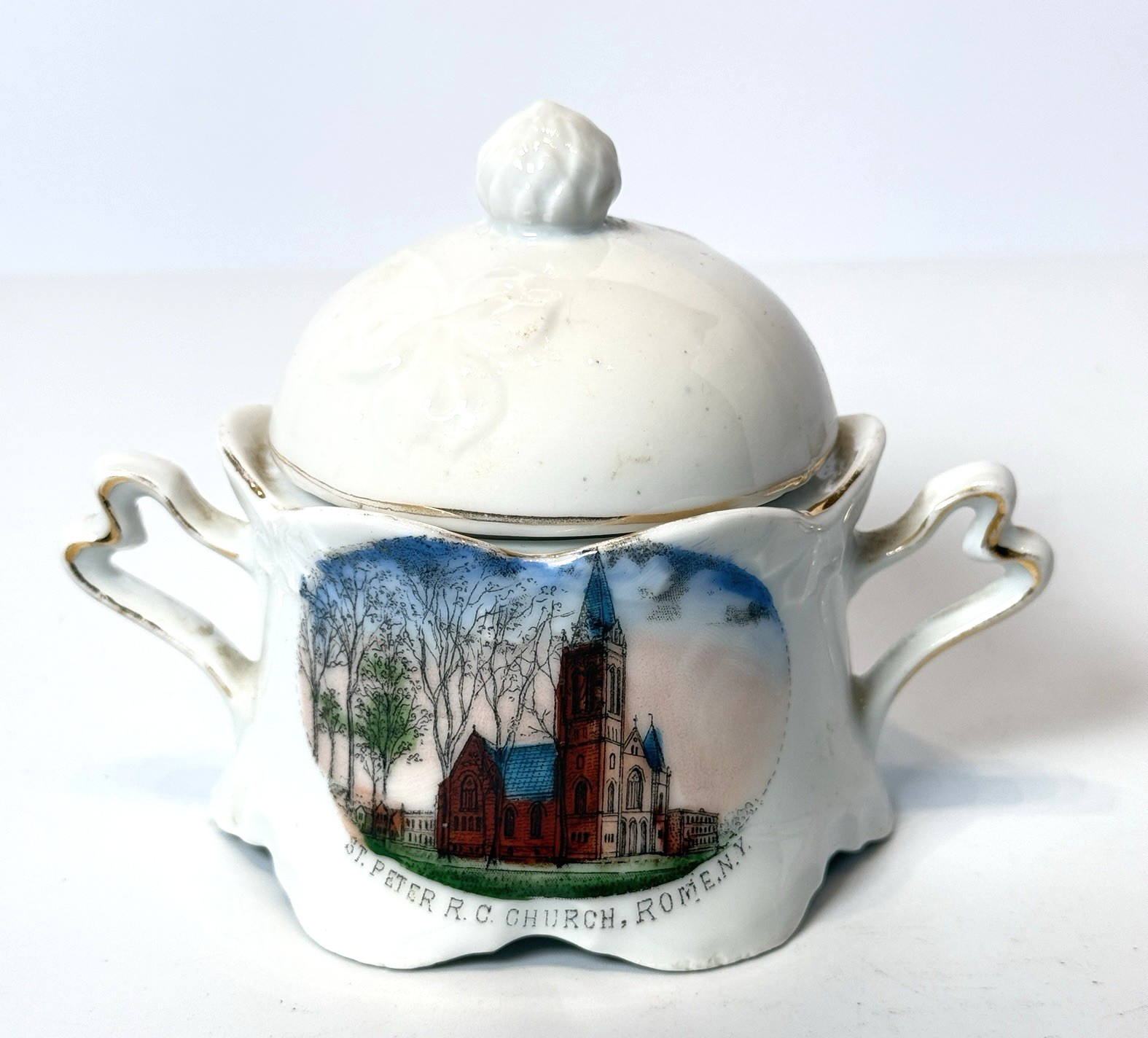 ROME NY NEW YORK Souvenir Porcelain ST PETER CHURCH  Trinket JAR ANTIQUE