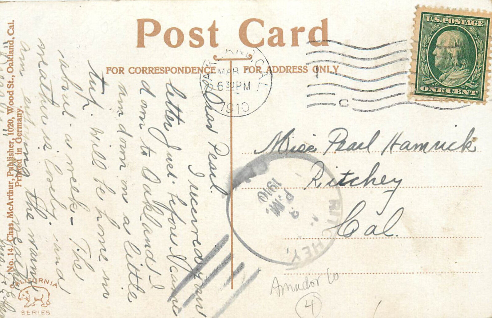 Postcard DPO 4 Ritchey CA Amador County 1910 California Poinsettia
