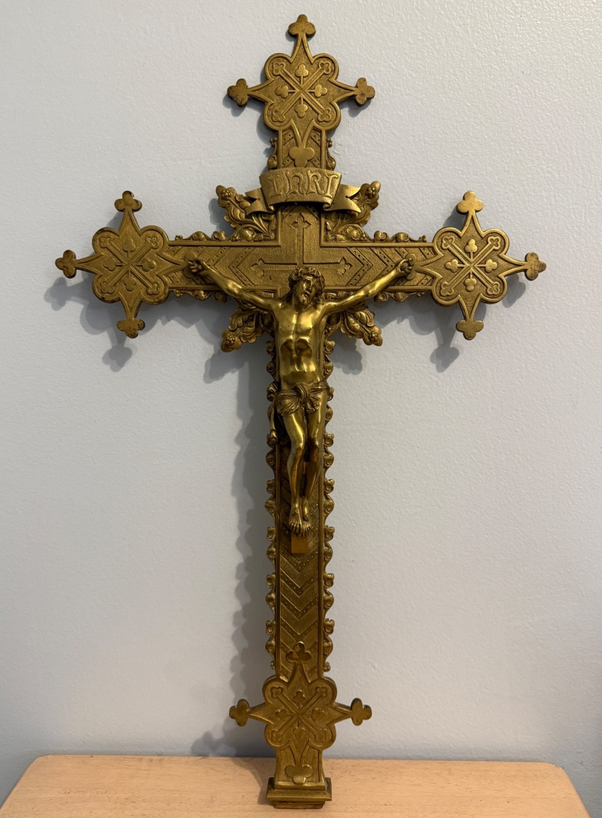 Large Antique Ornate Gothic Revival Brass Cross Crucifix INRI Jesus