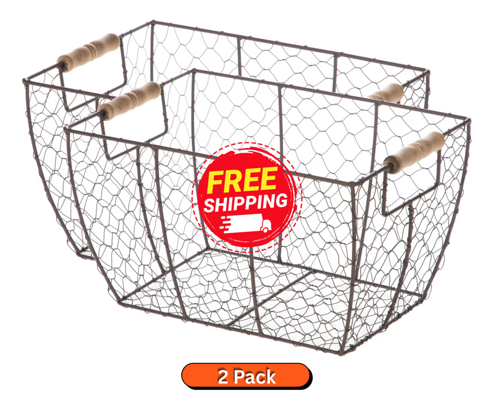2 pcMainstays Brown Chicken Wire Basket with Wood Handles 12.2 in x 8 in x 7.28