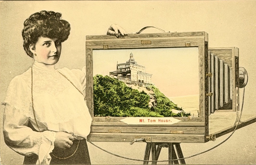 Vintage Mt. Tom House Postcard Woman with Large Format Camera Holyoke MA Antique
