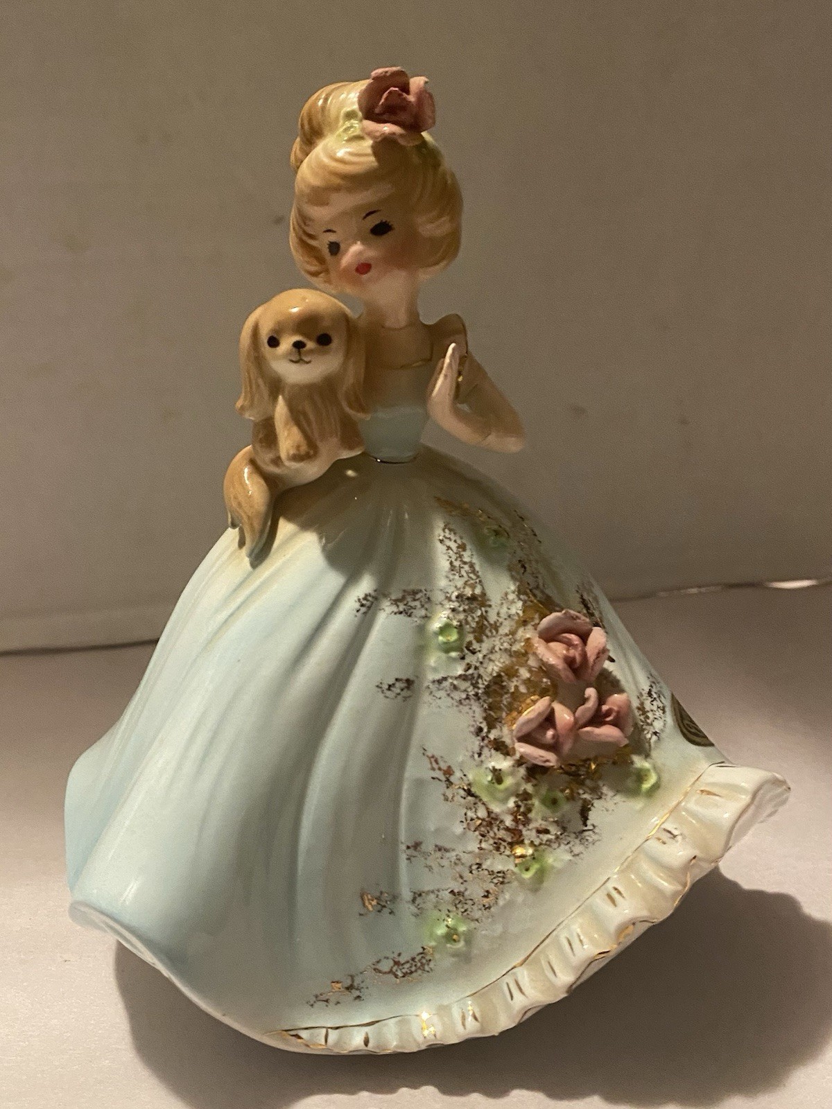 Vintage Josef Originals Girl In Aqua Dress Holding A Dog REPAIRED DAMAGE 