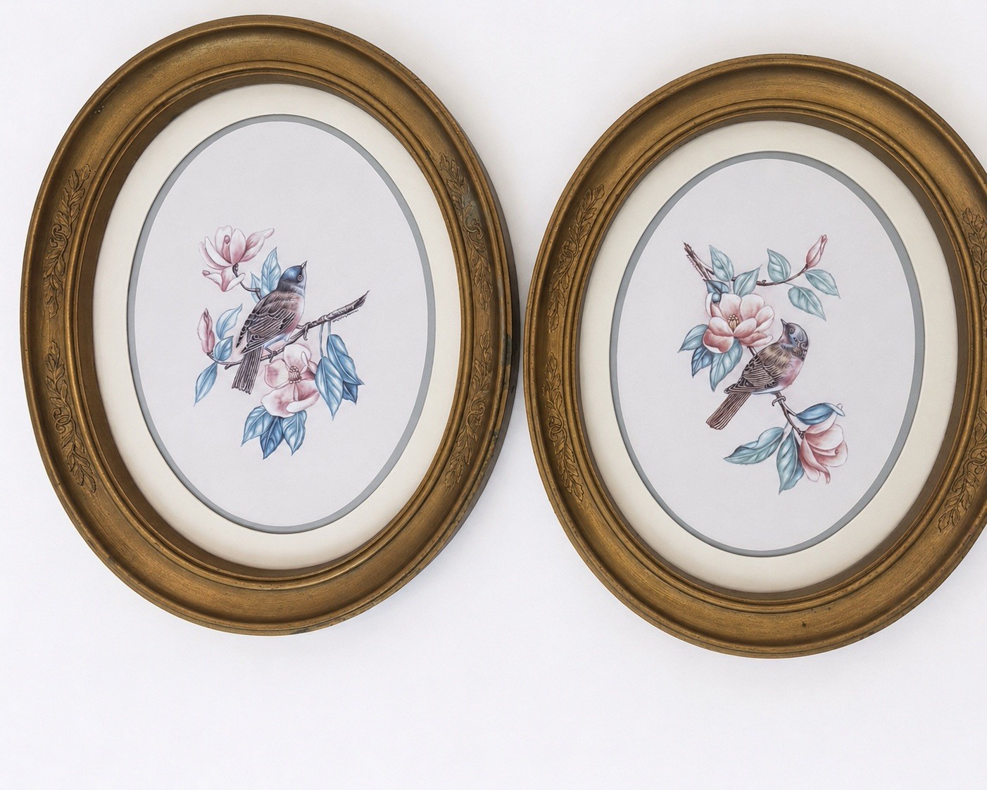 HOMCO Kay Lamb Shannon Bird Floral Prints Oval Gold Frames Pair Vintage 1986