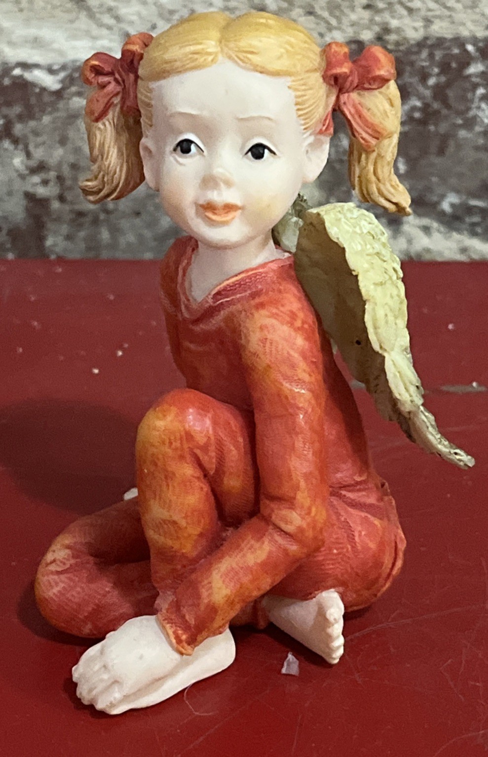 Vintage Lovely Sitting Blond Angel Girl With Pigtails Red Pajamas Figurine *3F