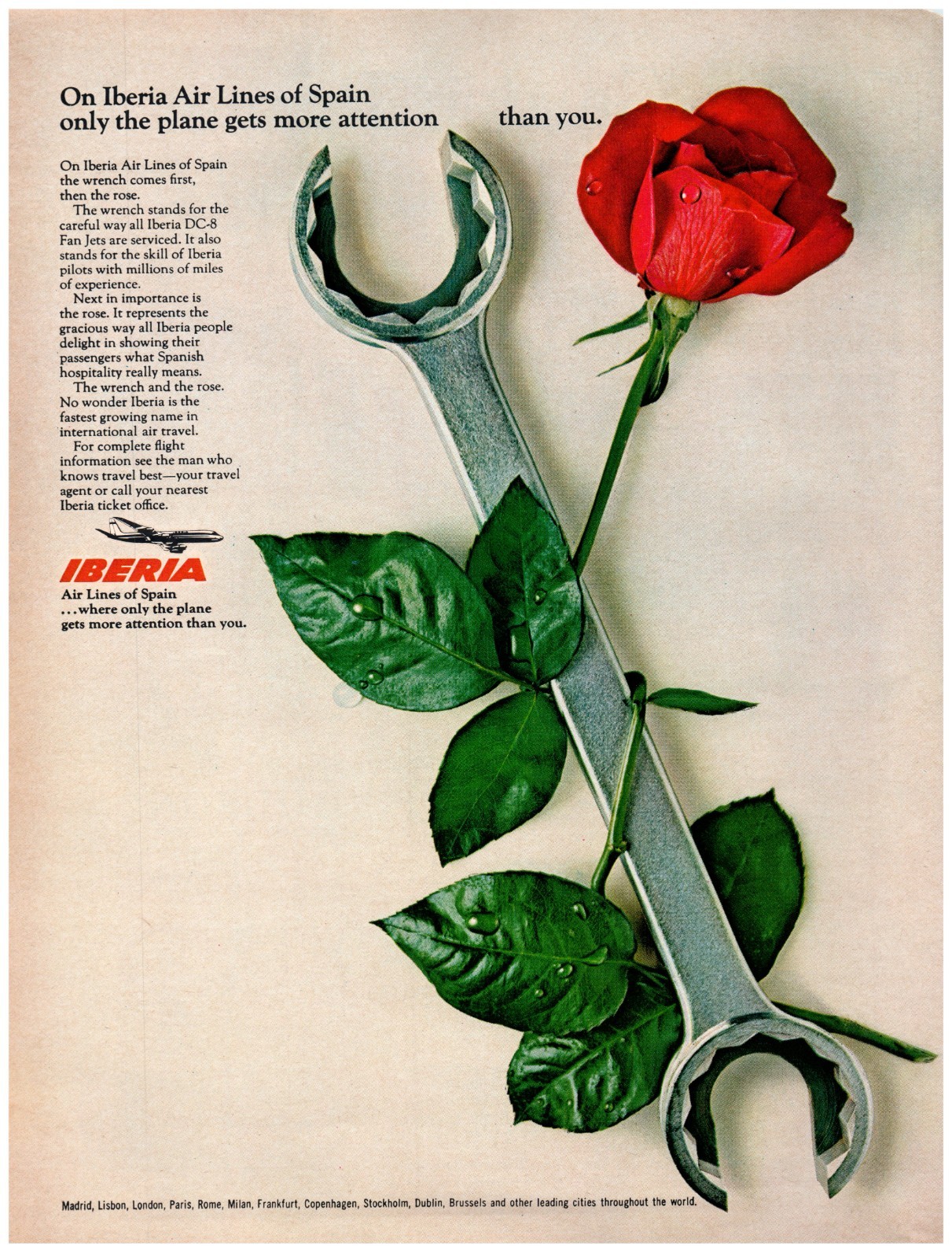 PRINT AD, 1968 Iberia Air Liens of Spain Rose Wrapped Wrench DC-8 Fan Jets 60\'s