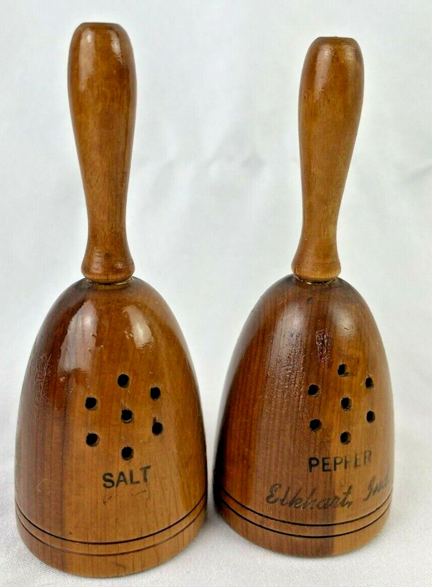 Vintage Wood Wooden Bell Souvenir Salt and Pepper Shakers Elkart IN