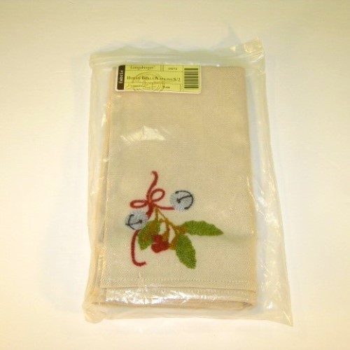 CHRISTMAS Longaberger Holly Bells Napkins Enbroidered #24215 Set of 2 NEW