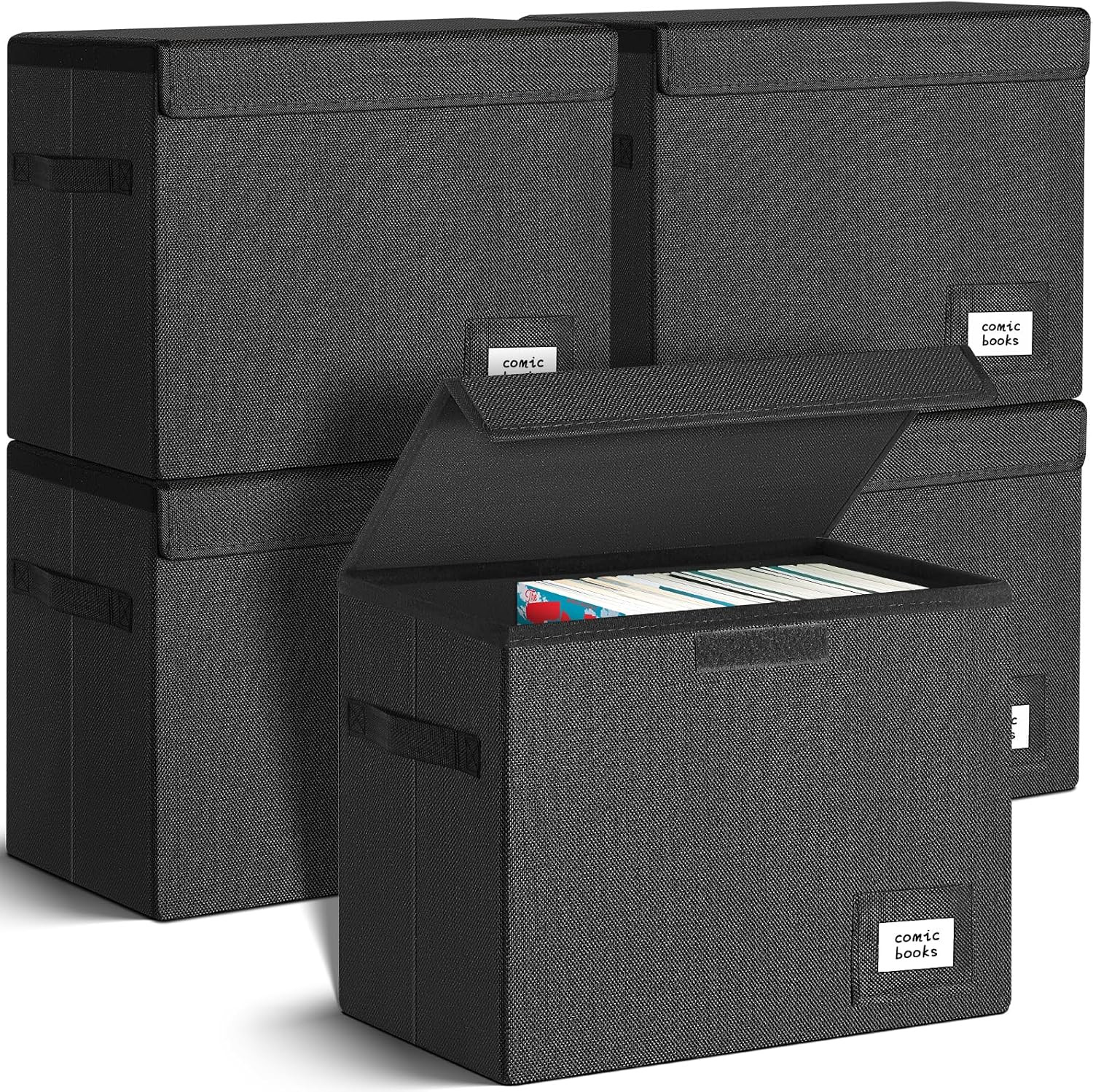 5 Pack Collapsible Comic Book Storage Box - Moistureproof & Stackable, Black