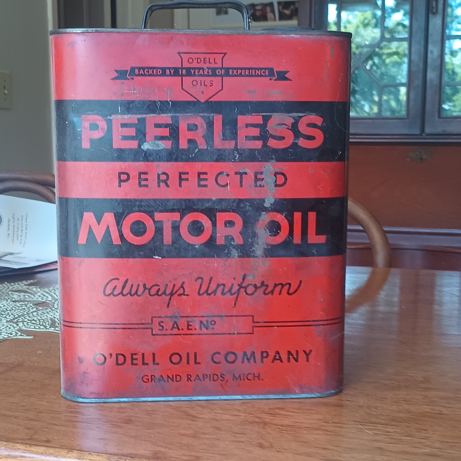 Antique O\'Dell Peerless Perfected Motor Oil Advertising Can Red/Black Gas & Oil 