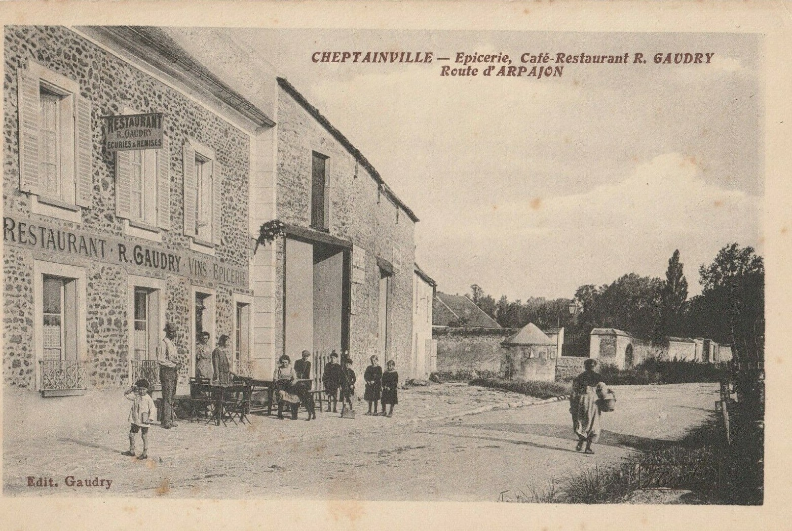 Old postcard-91-Essonne-CHEPTAINVILLE: grocery store, café, restaurant GAUDRY, route d\'Arpajon