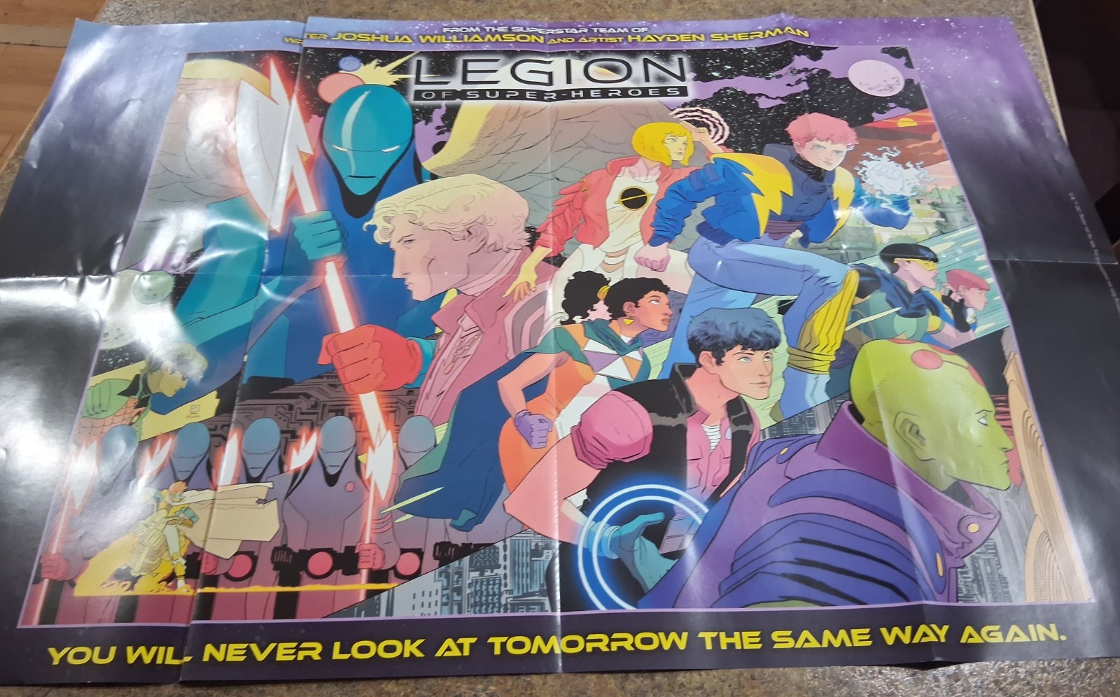 Promo folded poster for the DC Comics series Legion of Super-Heroes #1.