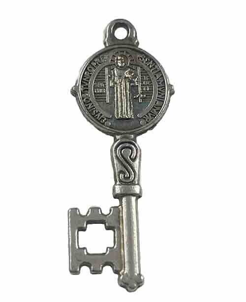 Vintage Catholic St Benedict Key Silver Tone Religious Medal
