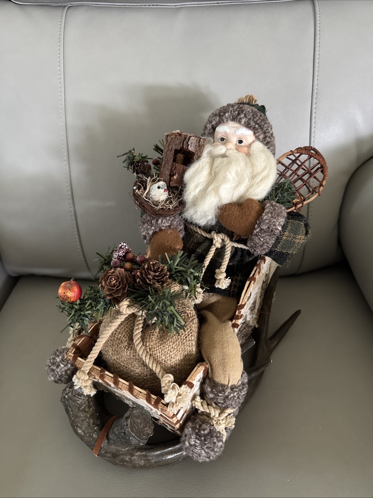 Woodland Santa In A Birch Bark & Antler Sleigh Birdhouse & Snowshoes 12 X 7 X 11