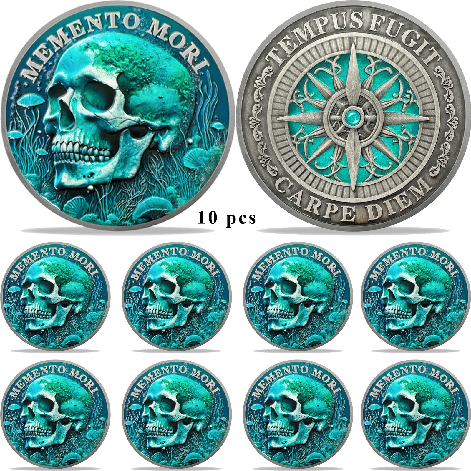 10pc Memento Mori Memento Vivere Coin Green Skull Stoic Challenge Coin EDC Token