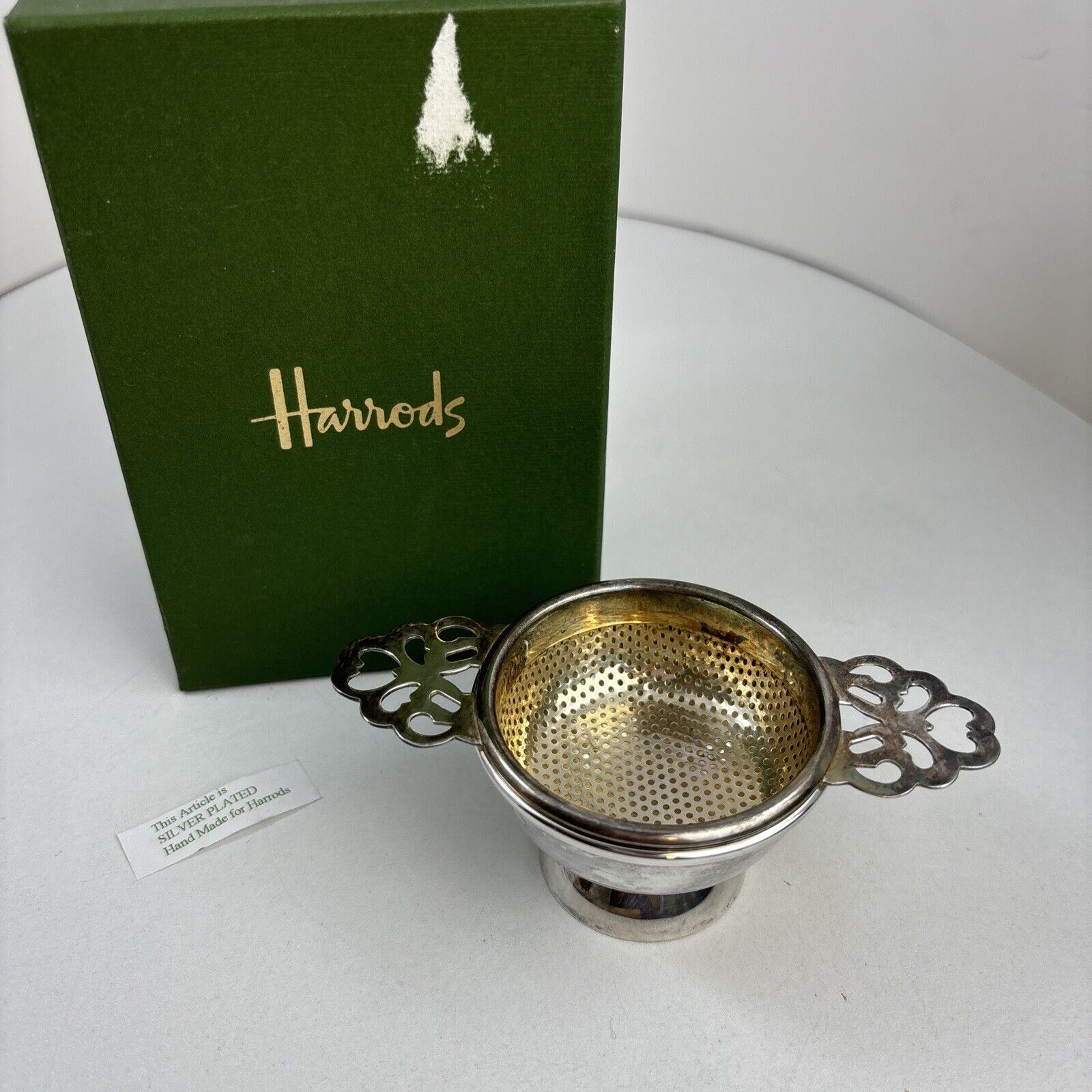 Vtg HARRODS Knightsbridge Double Handle Silver Plated Tea Strainer 4.5”