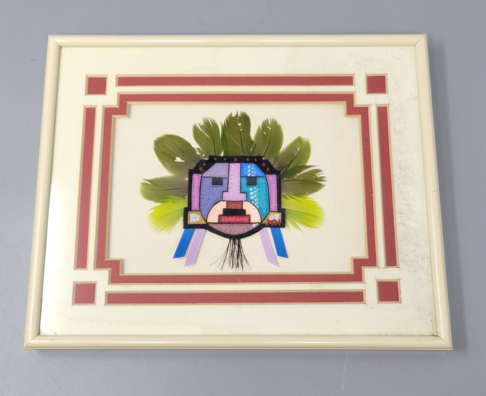 Jesse T. Hummingbird Framed Mask #1699 Pheasant Feathers Cherokee Native Art