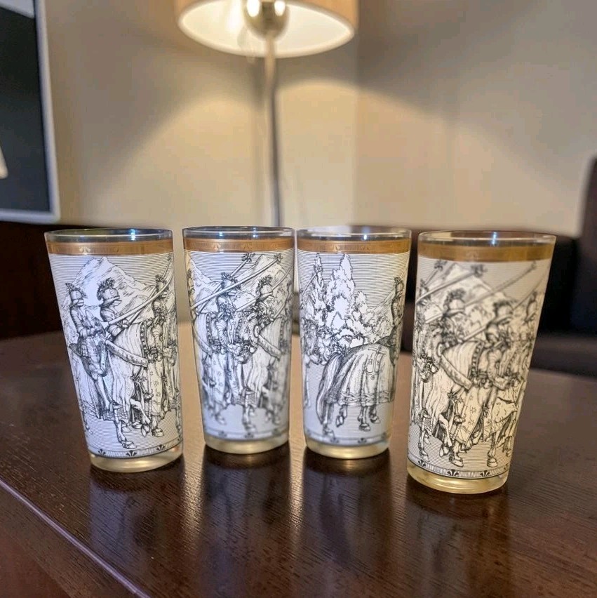 4 Vtg Cera Medieval Knights Highball Glasses 22K Gold Camelot Renaissance MCM