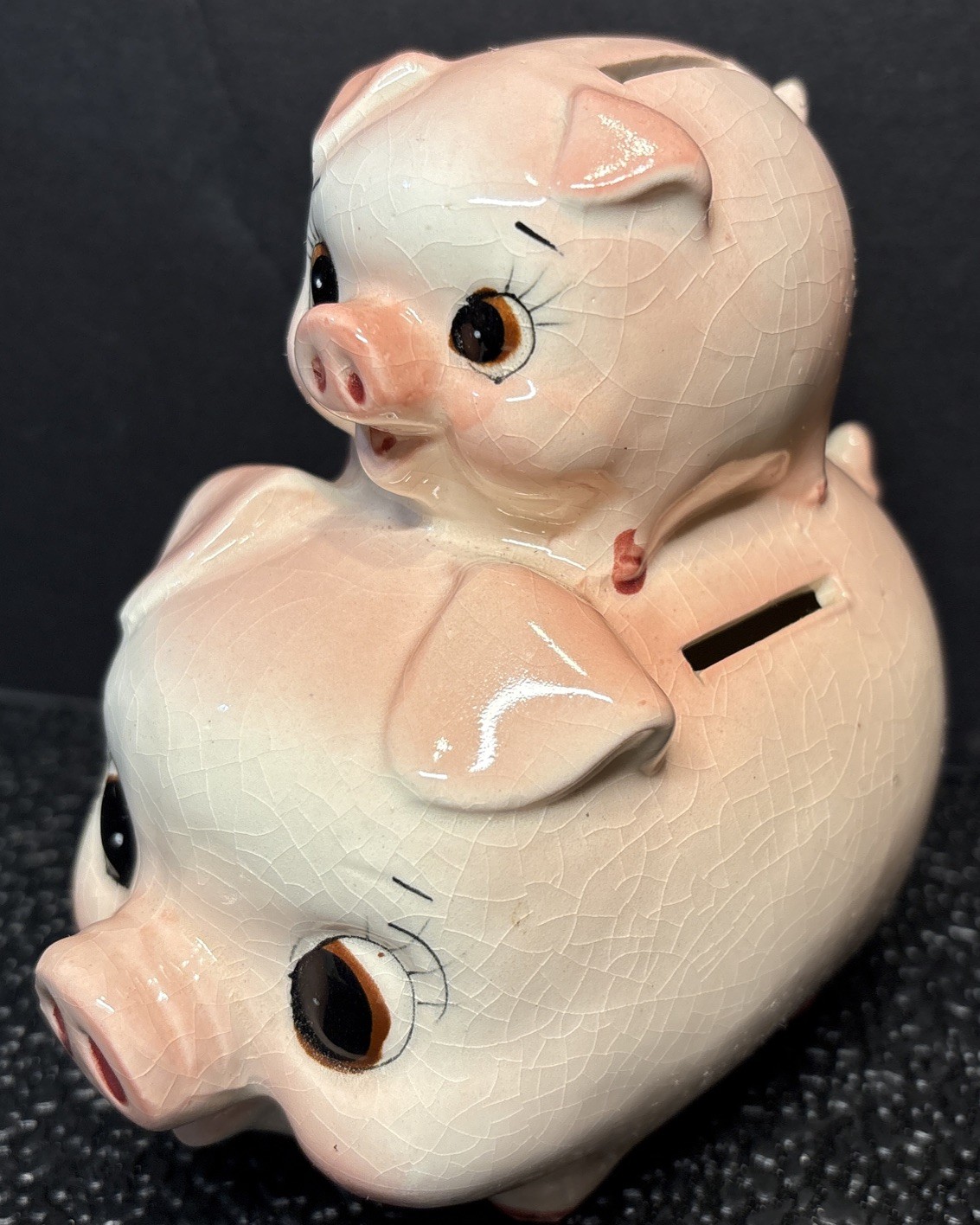 Unique 2 Hole Vintage 1960s Ceramic Piglet On Top Mommy Piggy Bank Hand Painted