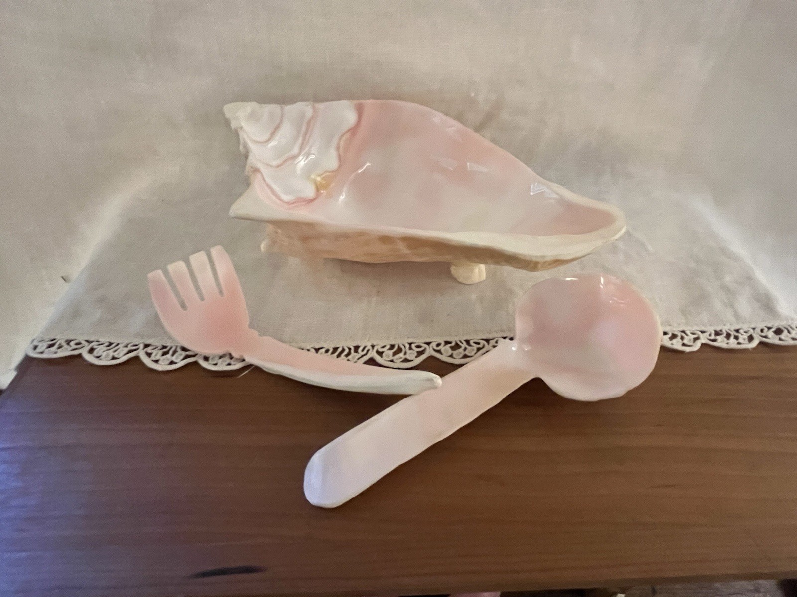 Handmade Real Pink Conch Seashell Bowl/Spoon/ Fork Unique for Dips etc 8.5\