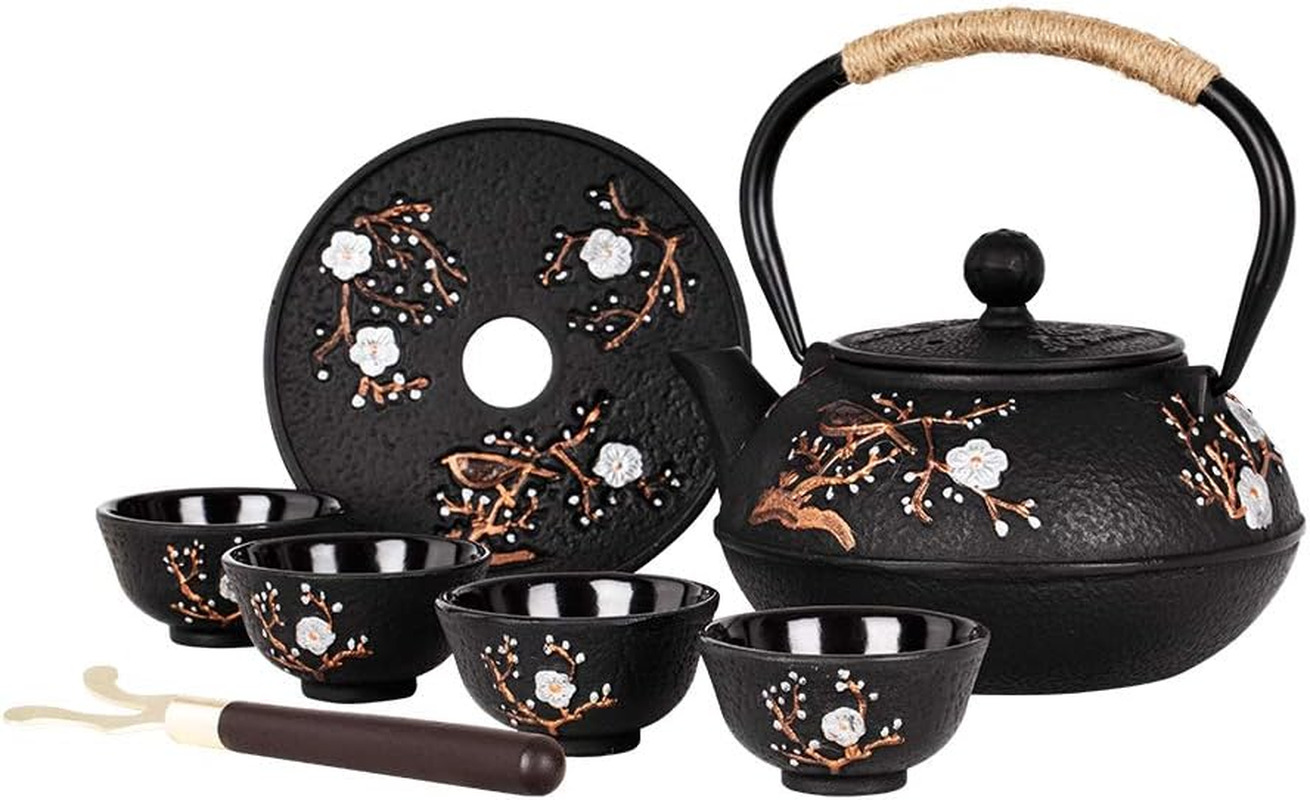 Japanese Cast Iron Tea Set - Teapot, 4 Cups, Trivet, Infuser, Chinese Tea Pot
