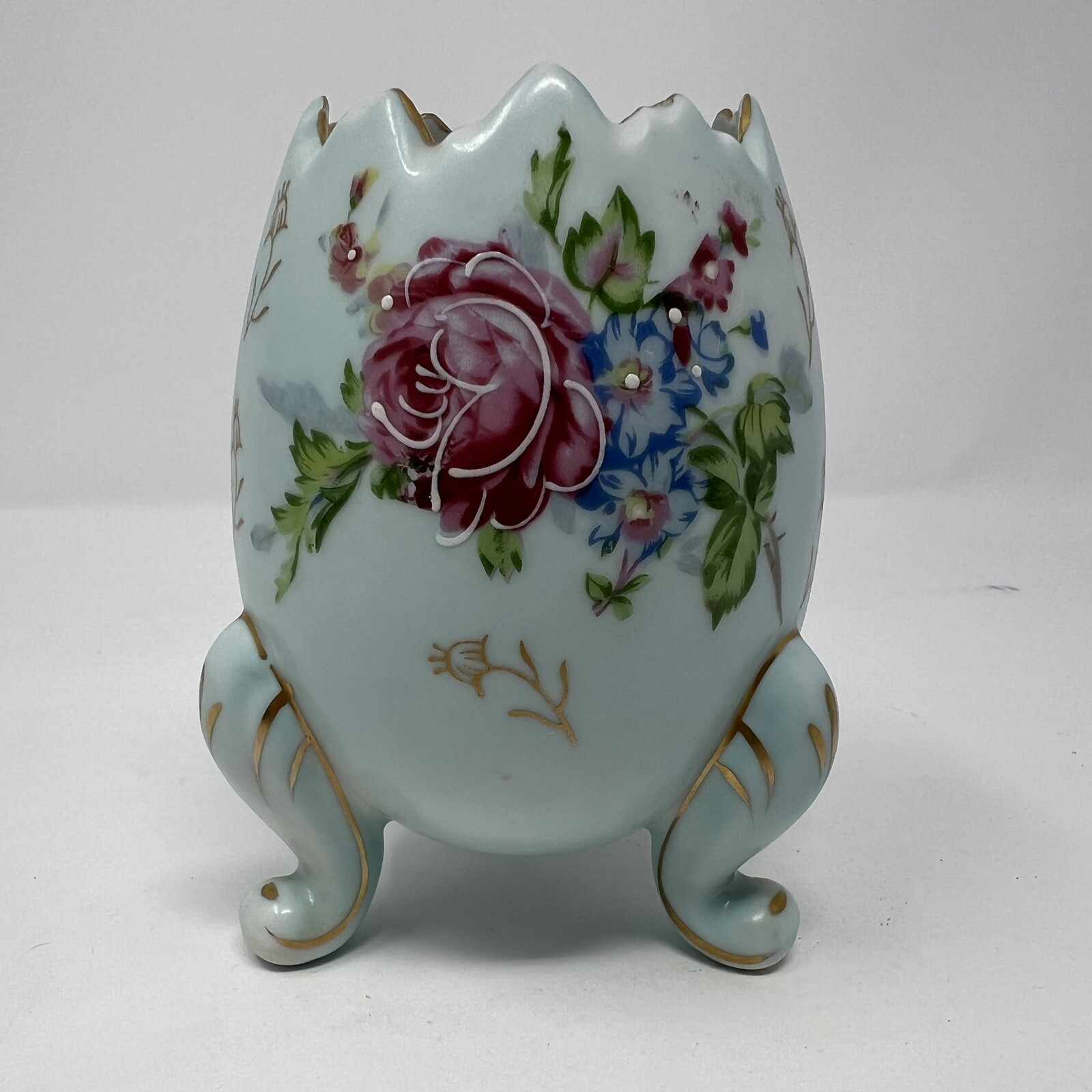 Vintage Napco Cracked Egg Vase 5” Blue Floral Footed Easter Gold Trimmed Japan