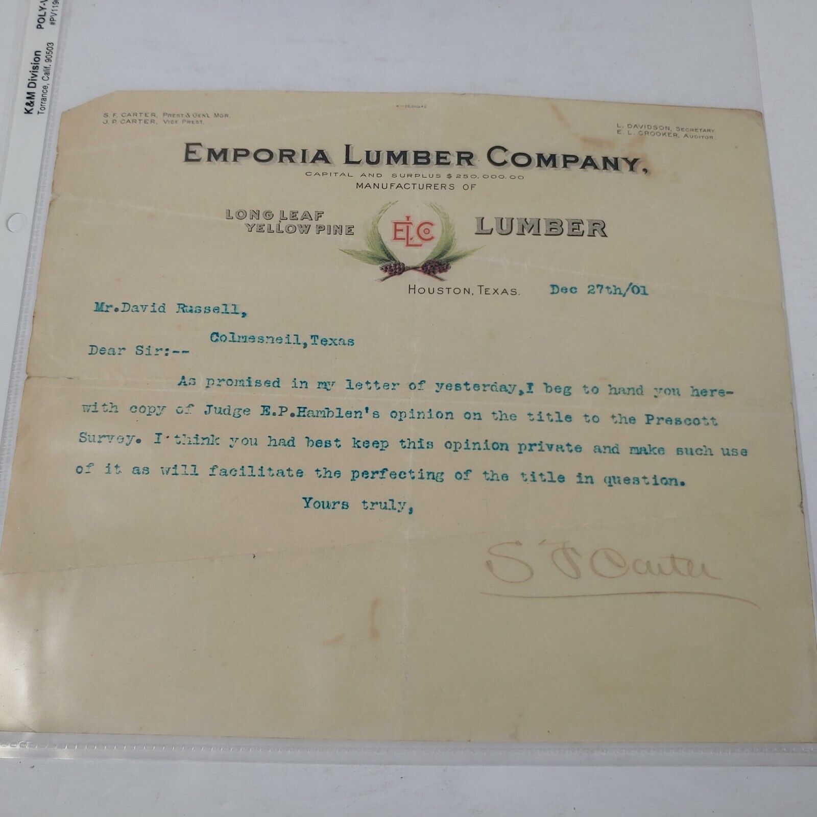 Vintage 1901 Emporia Lumber Company Houston Texas Letterhead Typed Letter