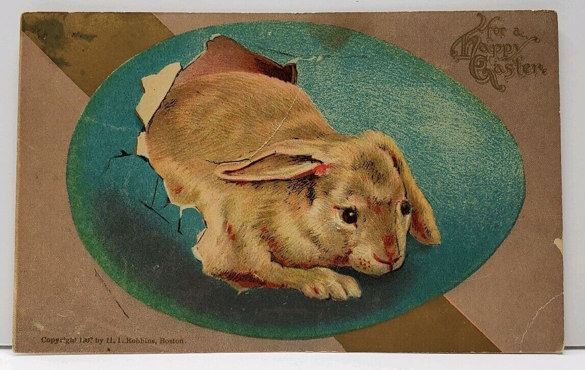 1907 Easter Rabbit in Blue Egg by Robbins Bros Postcard G1