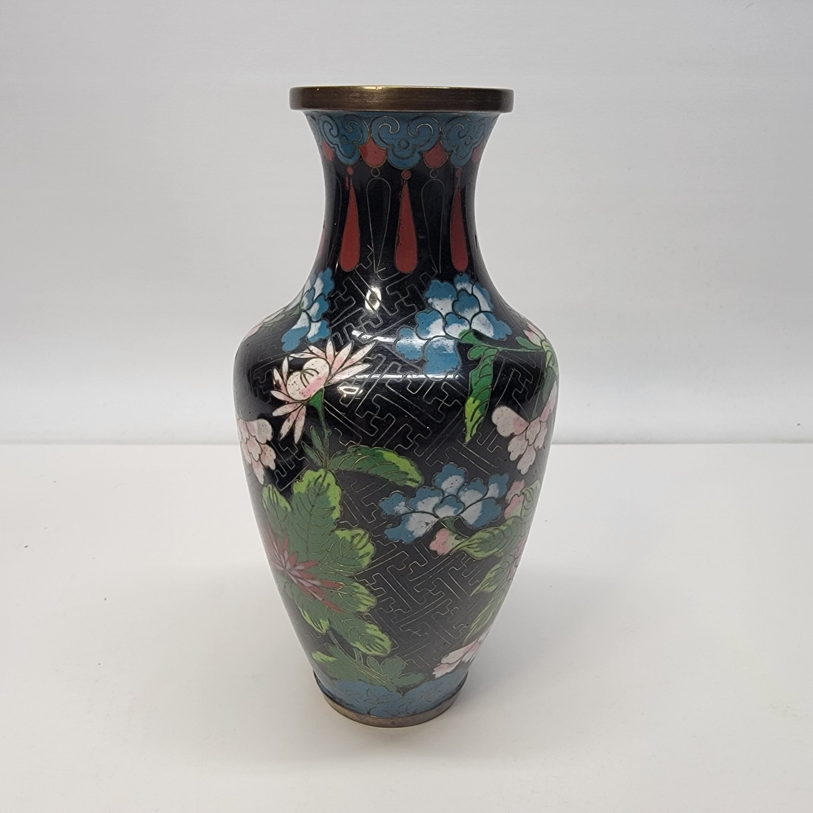 VTG Chinese Cloisonne Floral Vase Black Ground Brass Enamel Flowers Marked 8\