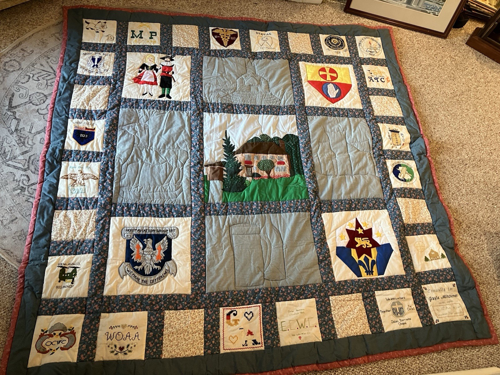 VINTAGE 1987 CUSTOM MADE MILITARY QUILT 11TH AVIATION GROUP SCHWABISCH GERMANY