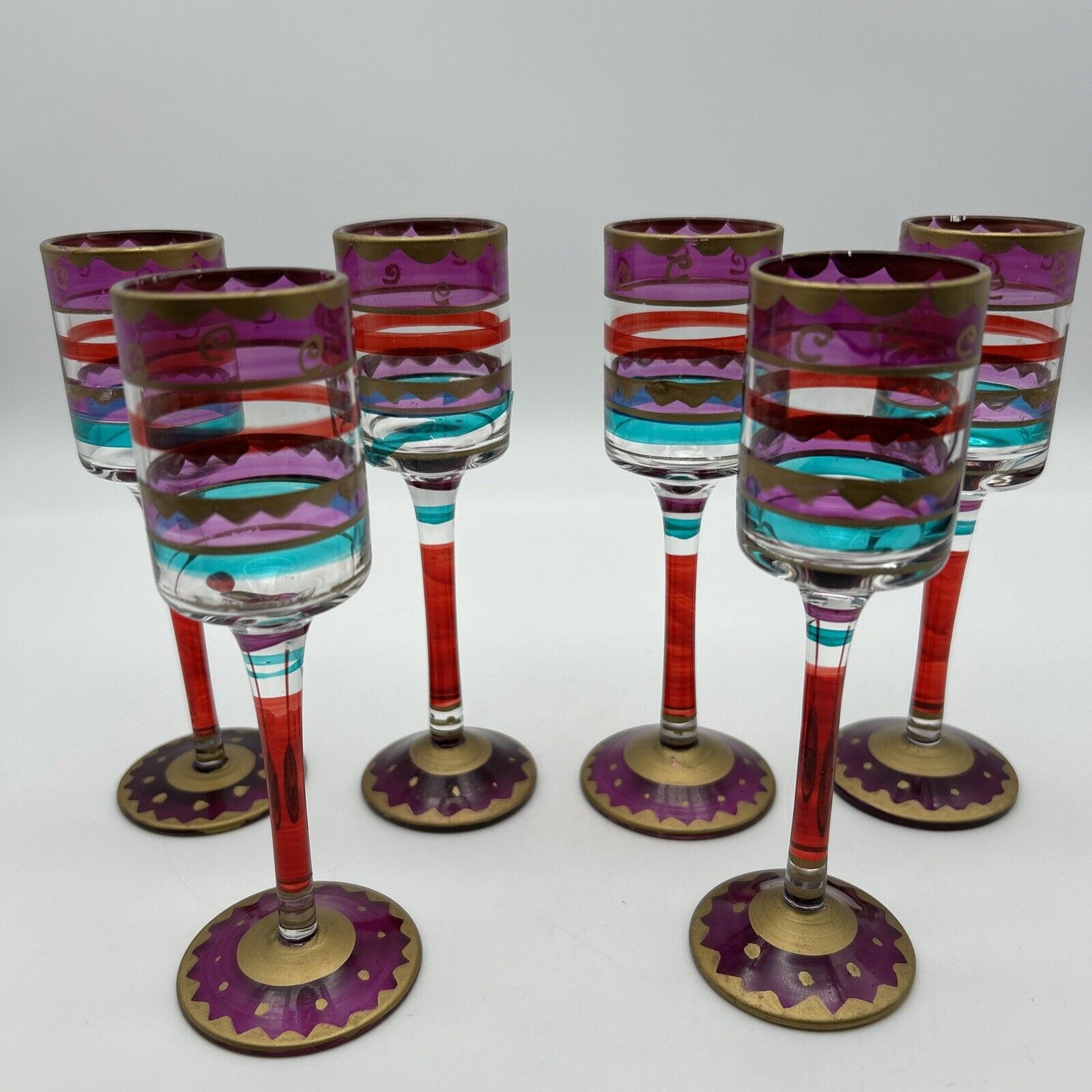 Vtg Festive Set Of 6 Bohemian Hand painted Long Stem Liquor Shot Glasses Party