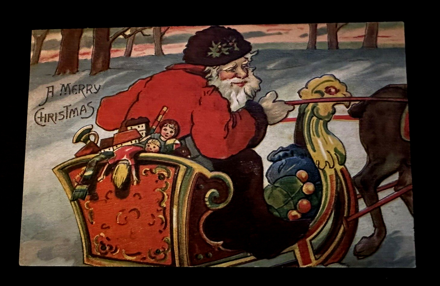 Santa Claus in Sled with Toys~Dolls~Holly~Antique~Christmas Postcard~k752