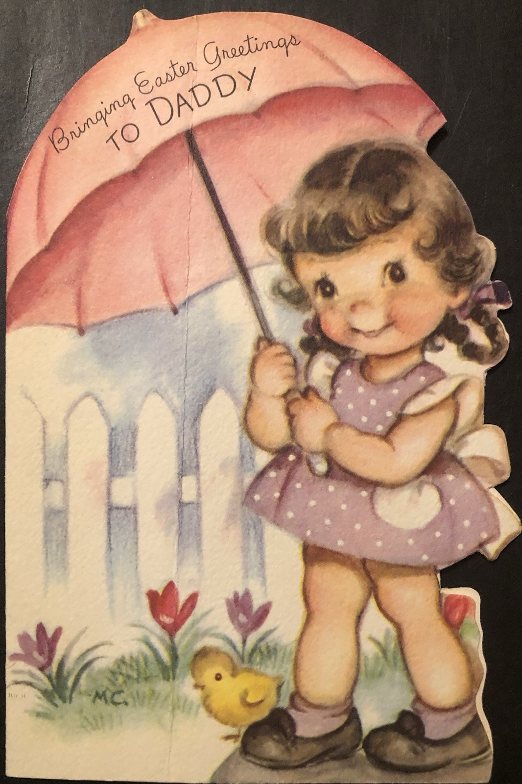 Vtg Easter Greeting Card Sweet Girl Umbrella Baby Chick To Daddy M. Cooper R/C