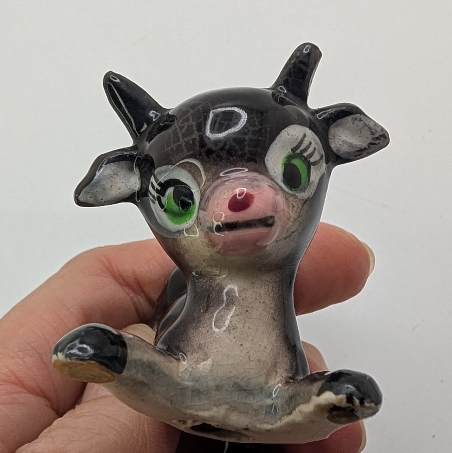 Vtg Anthropomorphic Black Cow Figurine Japan Big Green Eyes Kitsch Mid Century