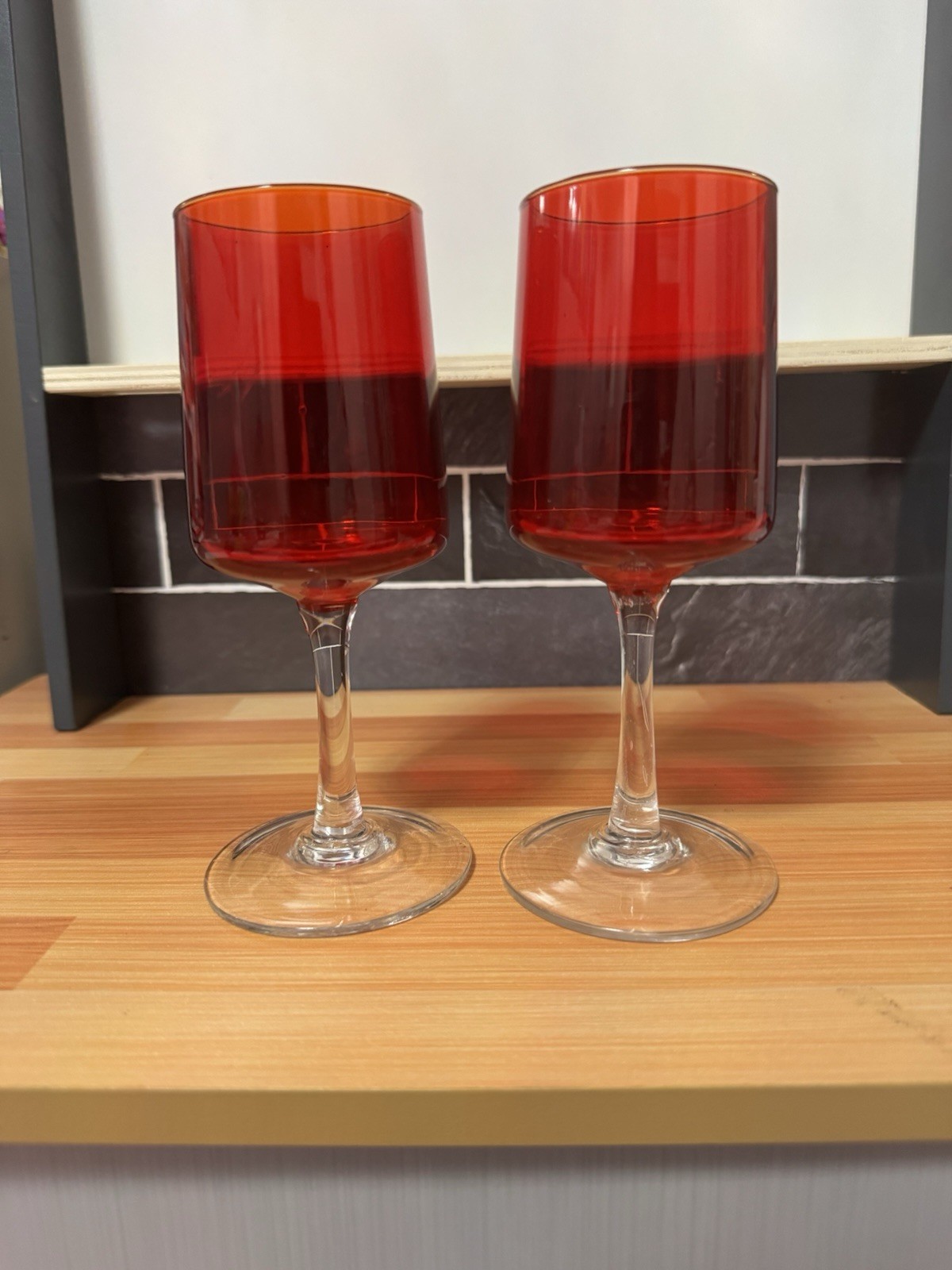Red and Clear Stemmed Wine Glasses, Glass, Round Set of 2, 6 Inch, Cold Beverage