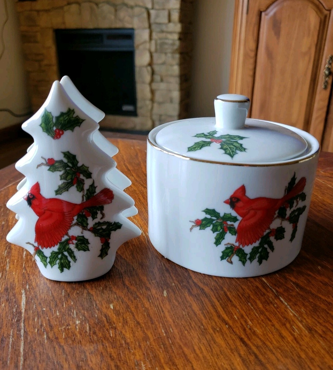 Lefton Vintage Porcelaine Cardinal Napkin Holder & Candy Dish set Of 2 