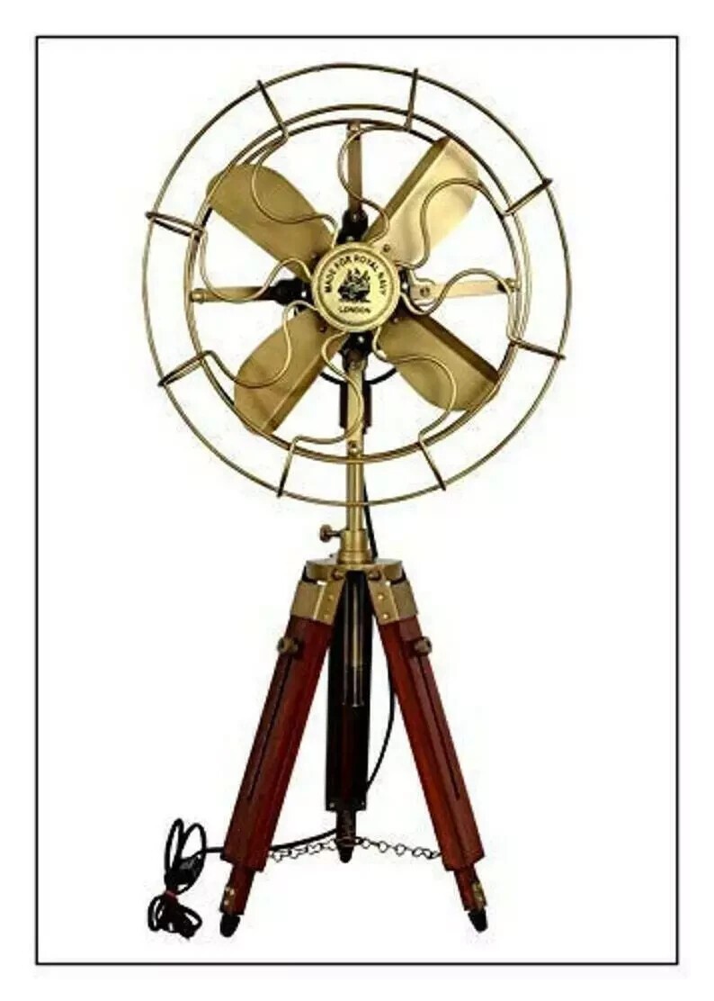 Royal Navy London Fan With Wood Tripod Floor Standing Electric Antique Brass Fan