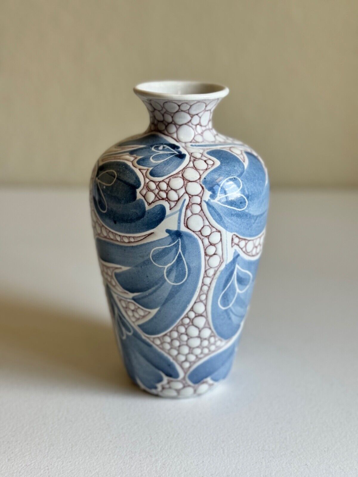 “KP” Norwegian Pottery Vase Relief  Retains Vintage Original Paper Label  