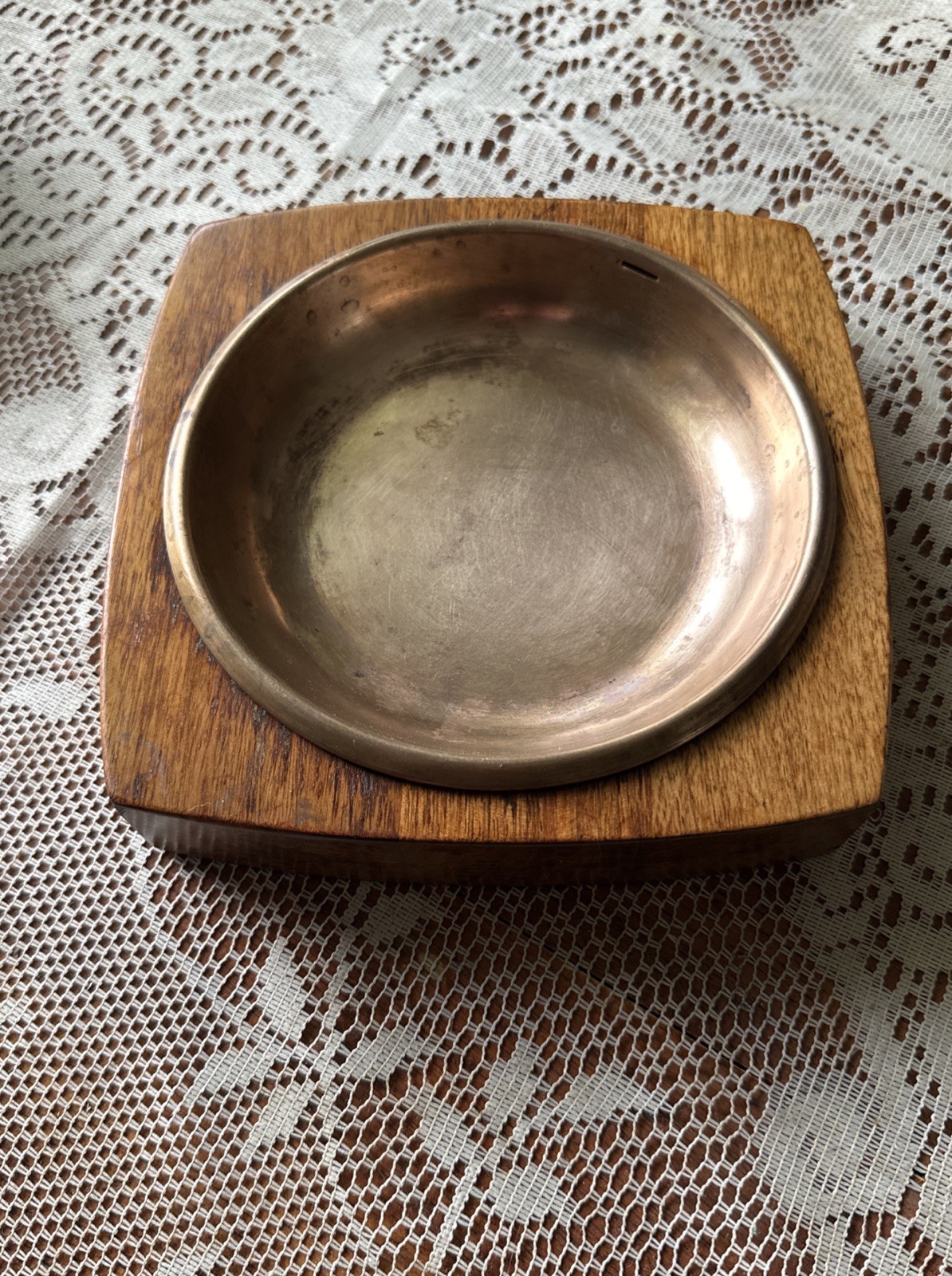 Vintage MCM Genuine American Walnut Copper Ashtray Catchall Trinket Dish