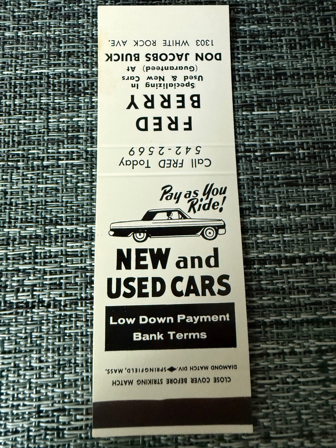Vintage Fred Berry Don Jacobs Buick Matchbook Cover Auto Advertising