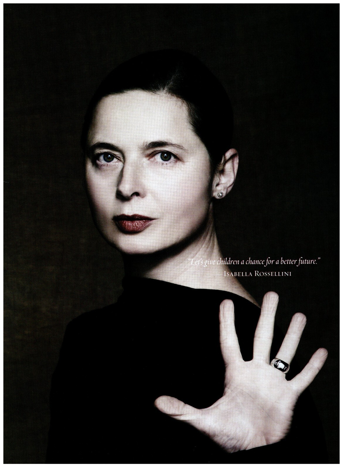 2009 BVLGARI Print Ad, Isabella Rossellini Quote Save The Children Ring Ferri