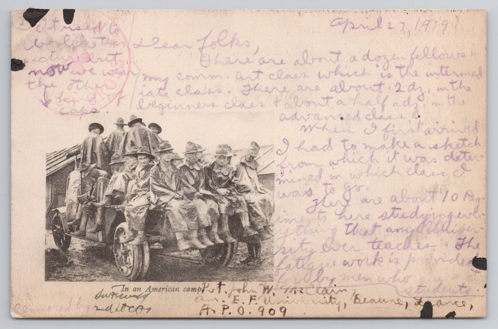 RPPC WWI Soldiers In American Camp France Real Photo 1919 Red Cross Postcard
