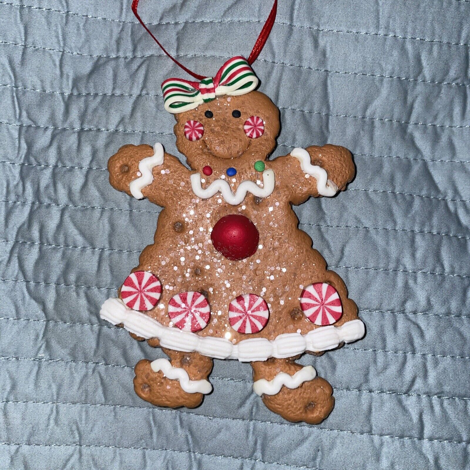 Gingerbread Man Christmas Tree Ornament Woman Holiday Peppermint Bow Sparkle