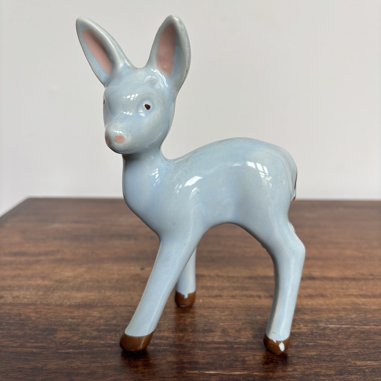 Vintage Ceramic Standing Fawn,  Doe, Deer  Figurine, Light Blue Hand-painted