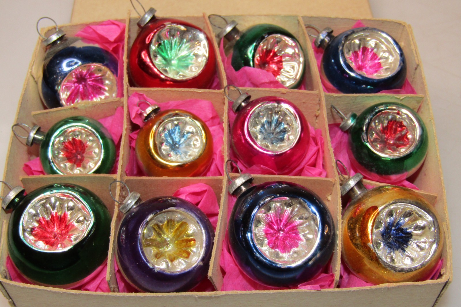 Lot VTG Glass Feather Tree 20mm Indent STAR Mini BALL Christmas Ornament Japan