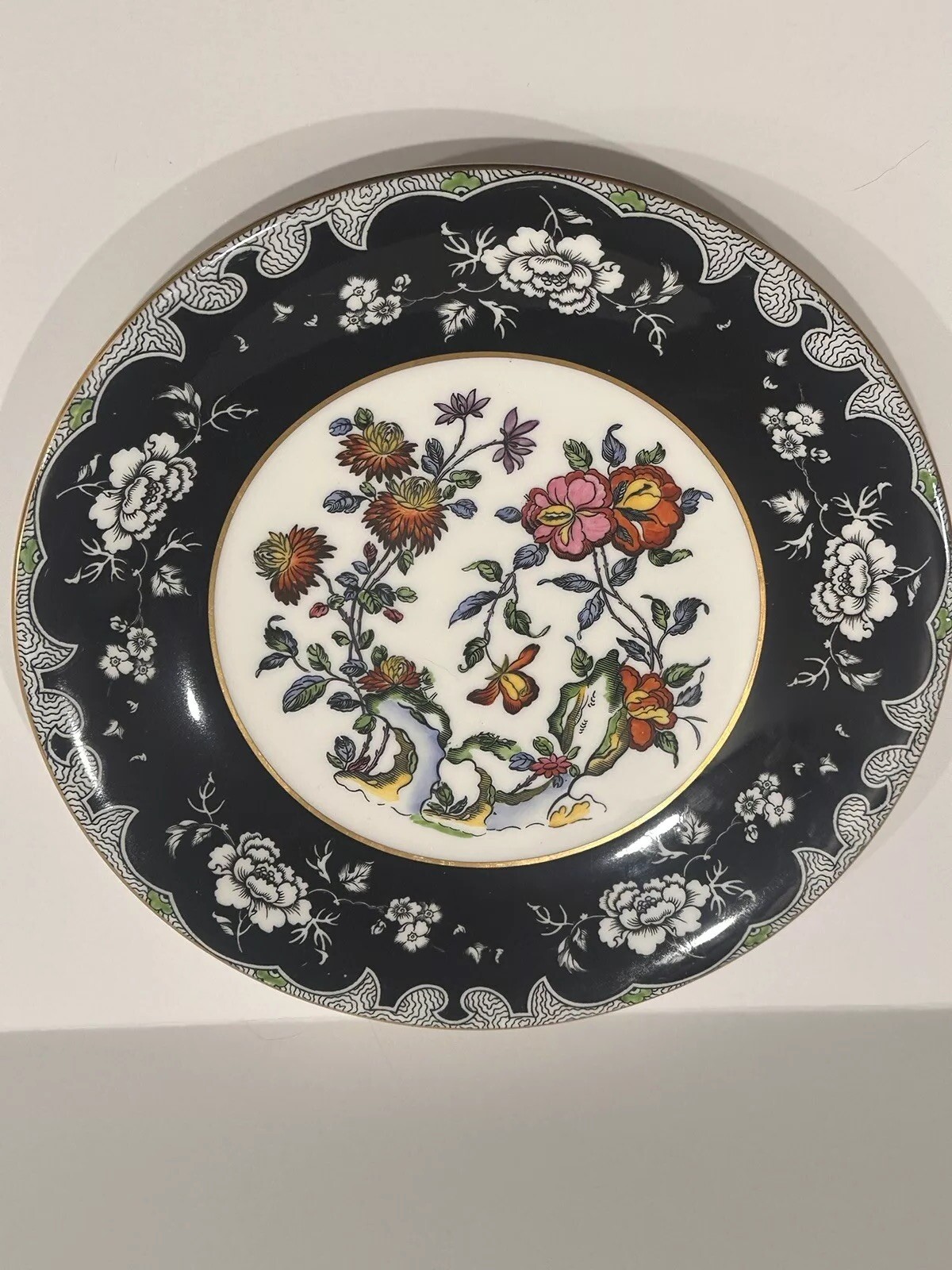 1927 Wedgwood Black Floral Transferware Plate – England – Antique