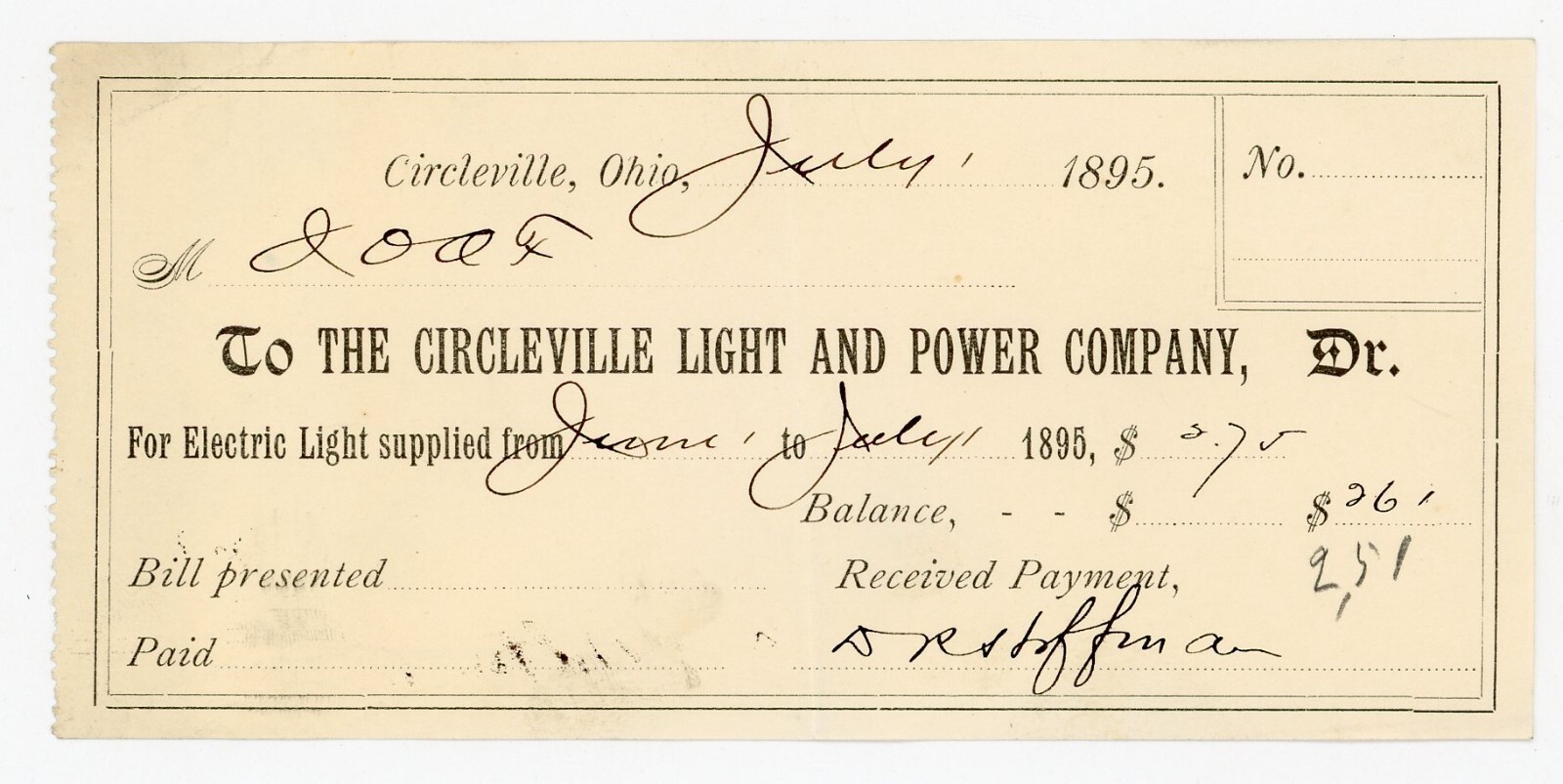 1895 Circleville OH Light & Power Co. Receipt Electric Bill Signed DR Hoffman 1895 Circleville OH Light & Power Co. Receipt Electric Bill Signed DR Hoffman