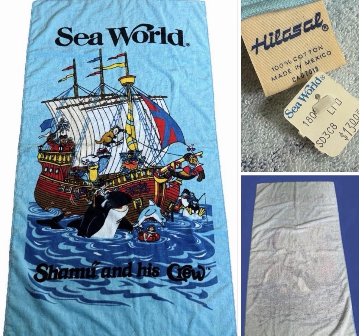 VINTAGE SEA WORLD TOWEL - VINTAGE SHAMU TOWEL Shamu and his Crew *1980s NEW/RARE